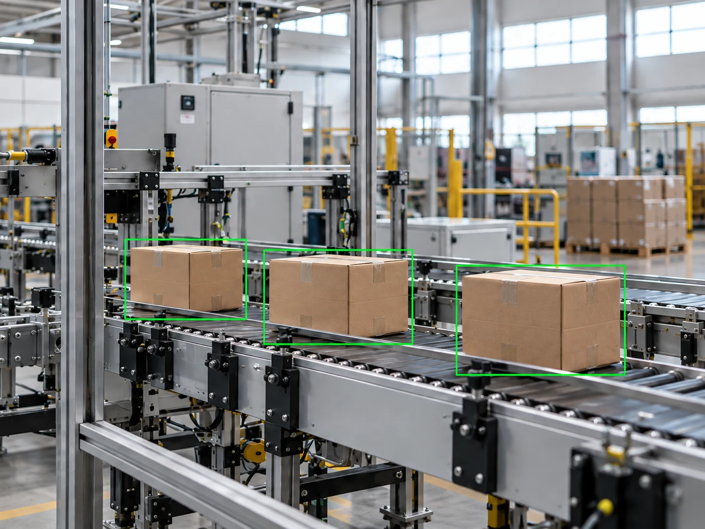 Illustrative factory conveyor with cartons outlined to demonstrate product detection
